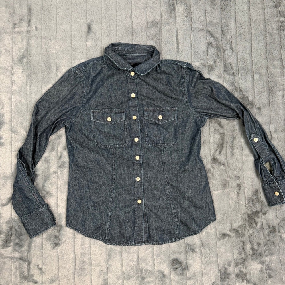 Talbots Petites Dark Wash Denim Button Down Shirt Womens 6P Blue Cotton 7177